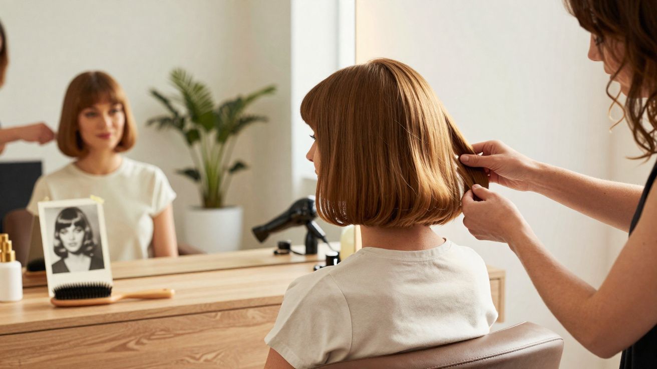 Mulher loira com cabelo curto sendo penteada por cabeleireira em salão de beleza moderno.