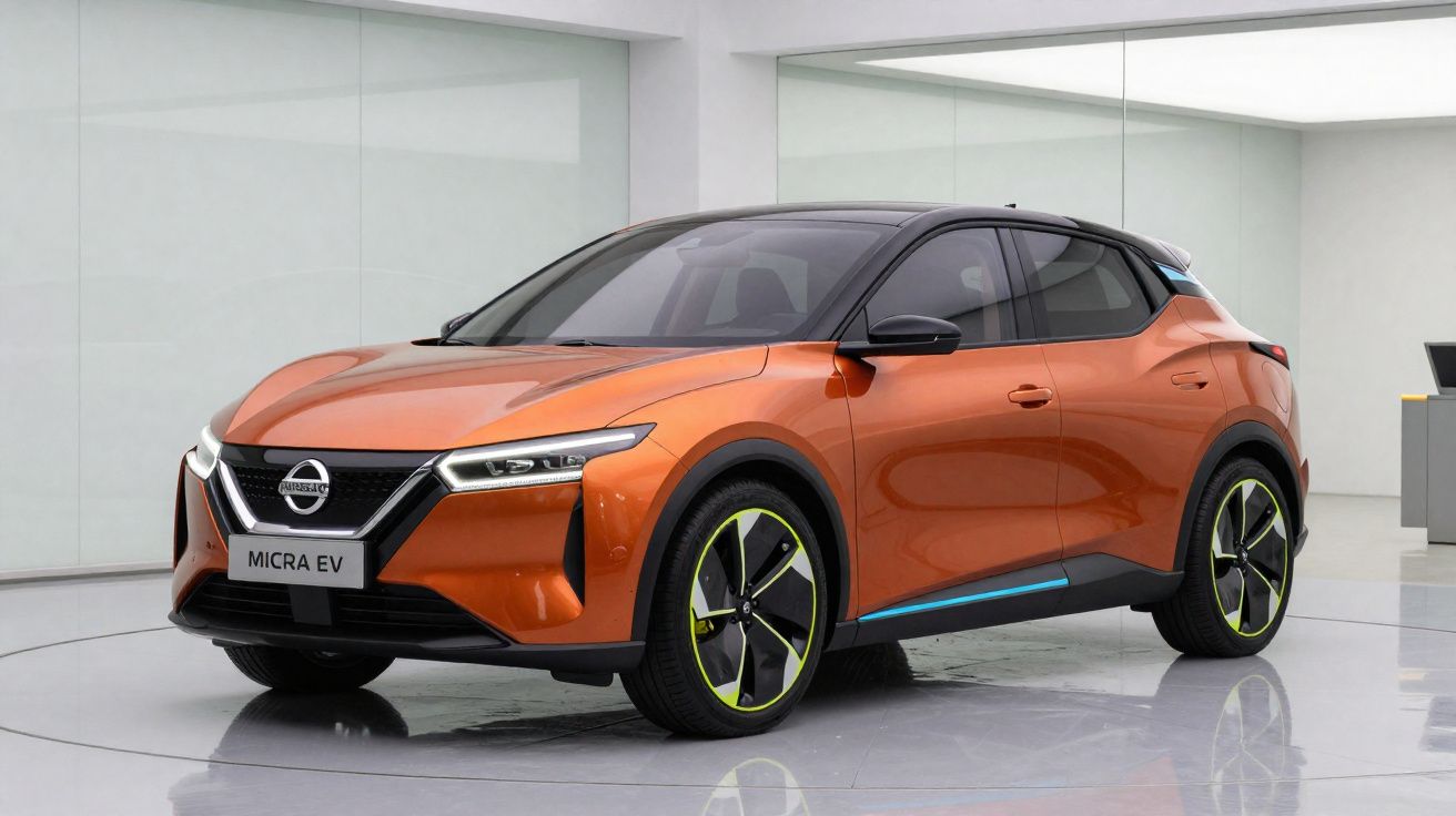 Carro elétrico Nissan Micra EV laranja em estúdio com design moderno e rodas com detalhes verdes.
