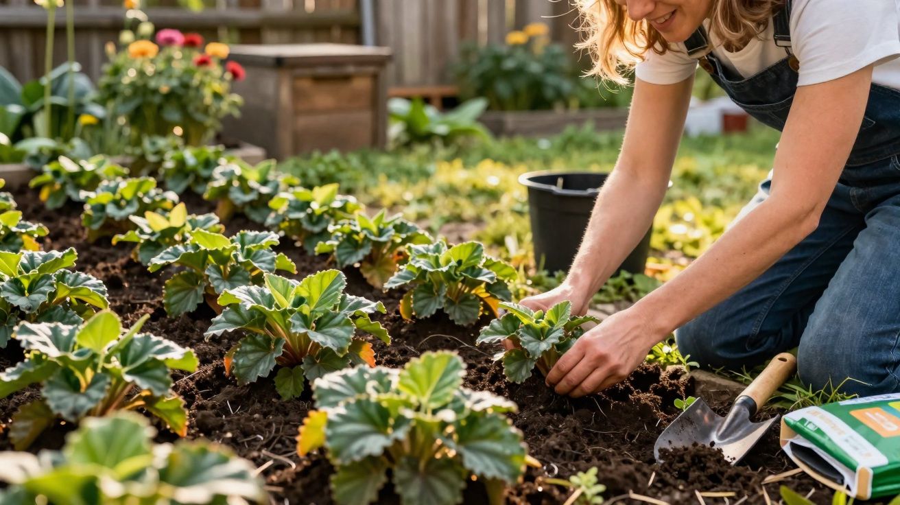 Mulher cuidando de plantas em jardim ensolarado, com ferramentas de jardinagem ao lado.