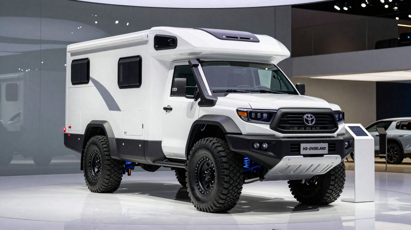Veículo off-road branco tipo motorhome exposto em salão, modelo Toyota HZ-Overland.