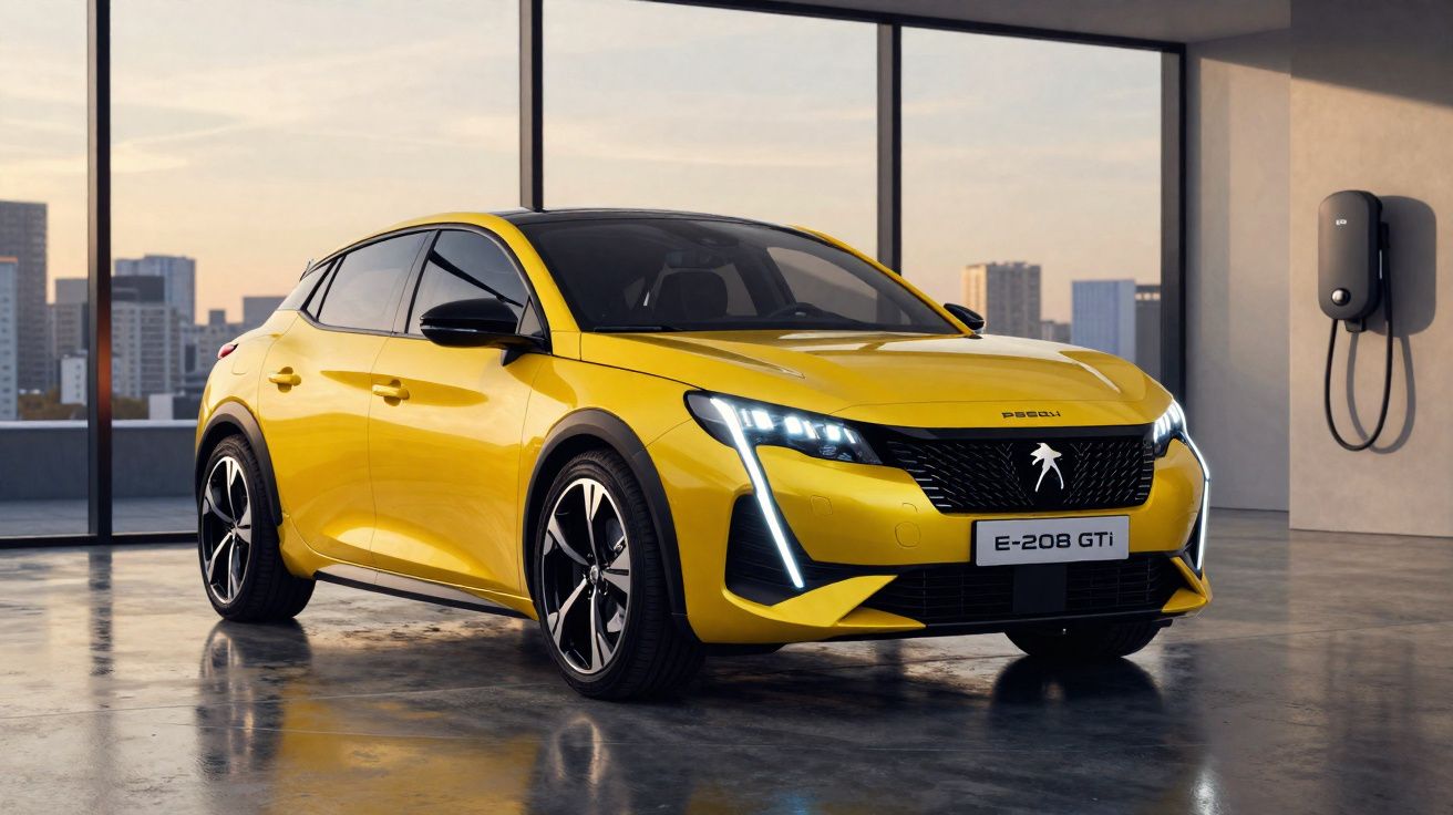 Carro elétrico amarelo Peugeot e-208 GTi em garagem moderna com estação de recarga na parede.