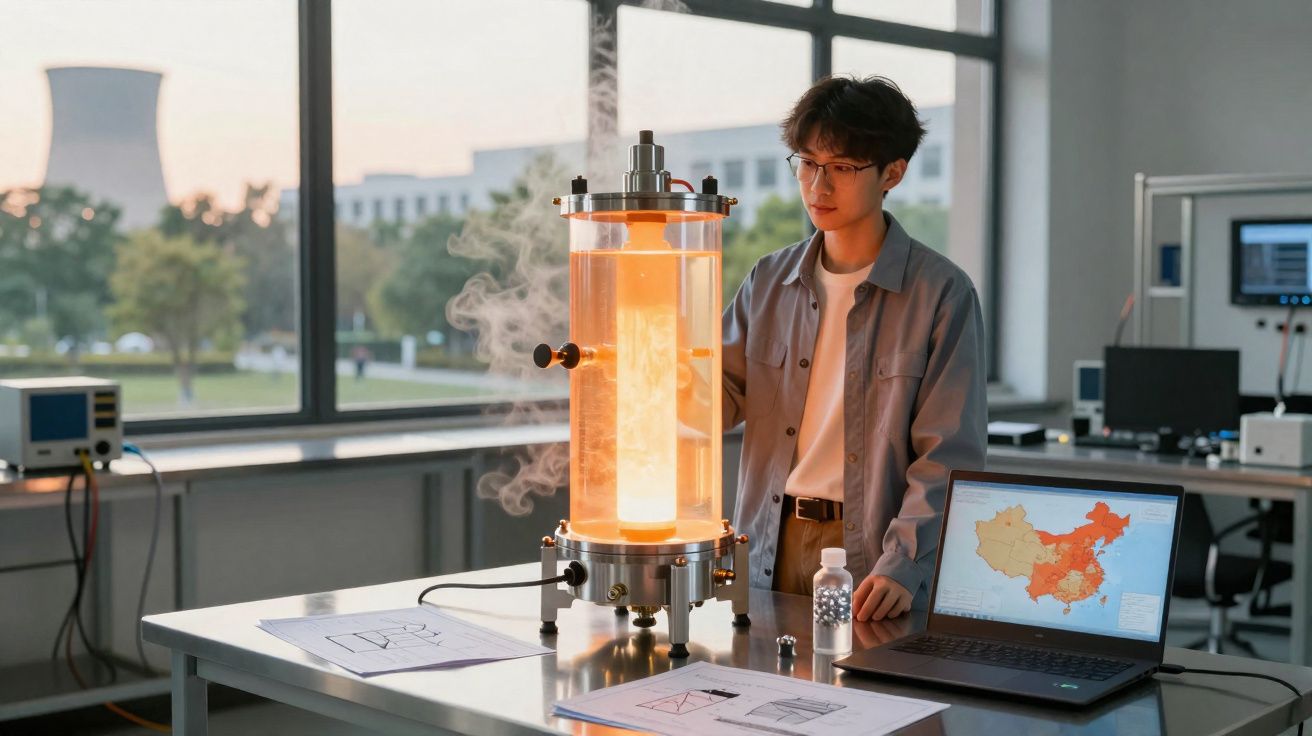 Jovem em laboratório observa equipamento cilíndrico com chama e laptop aberto exibindo mapa da China.