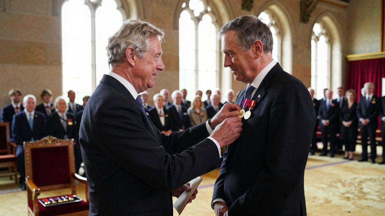 Homem recebendo medalha durante cerimônia formal em sala histórica com pessoas ao fundo.