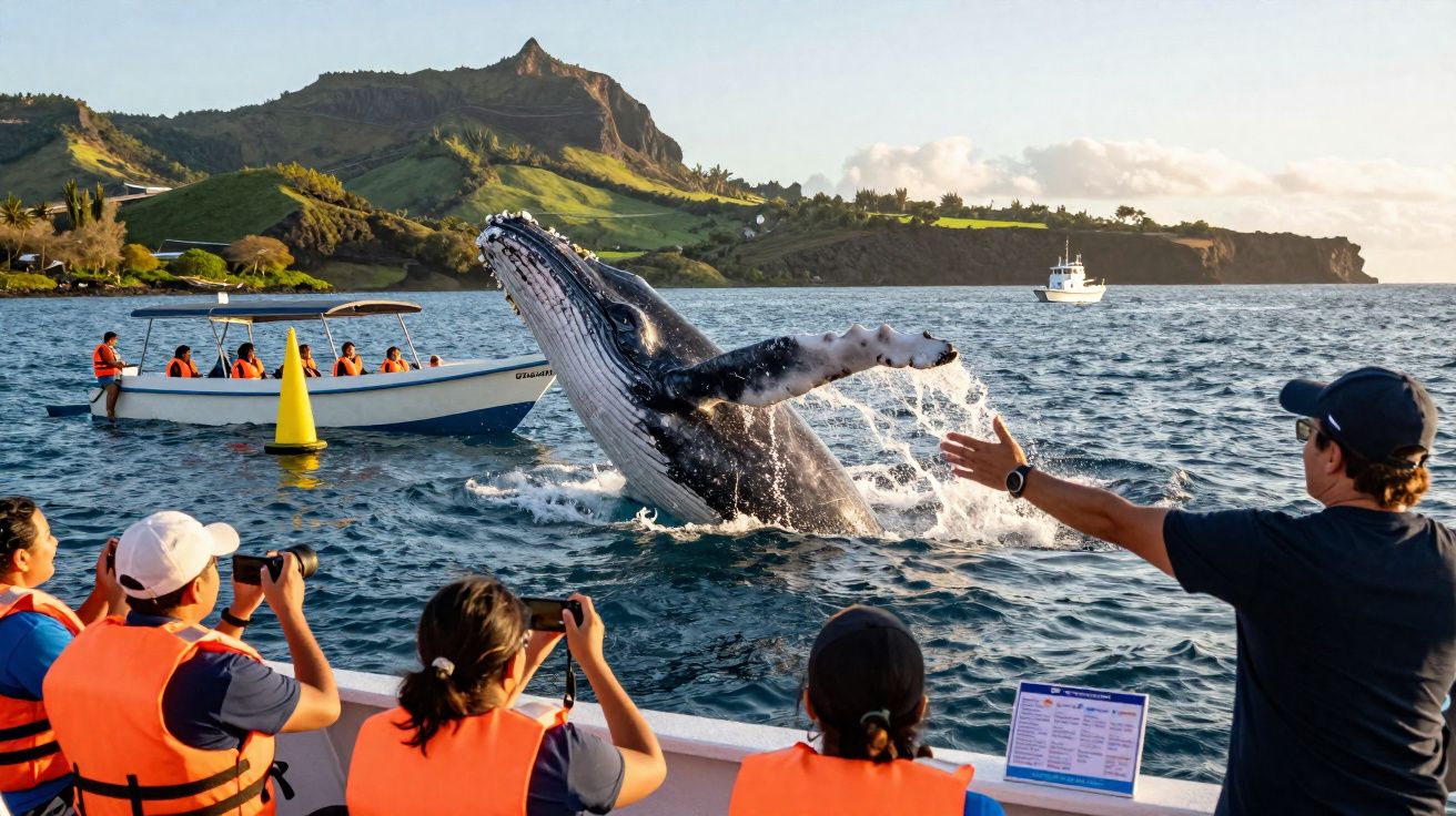 Baleia jubarte saltando no mar perto de turistas com coletes salva-vidas em barcos e montanhas ao fundo.