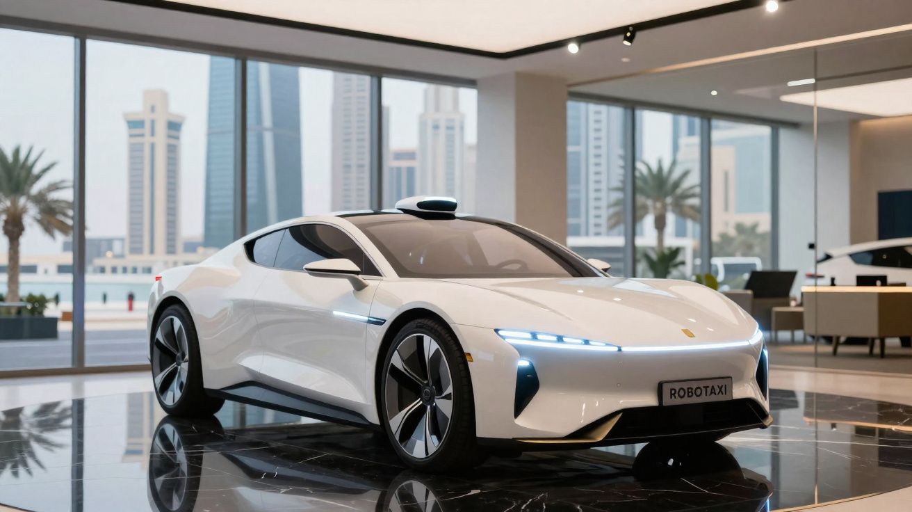 Carro branco futurista robotaxi em exposição interna com janela e prédios ao fundo.