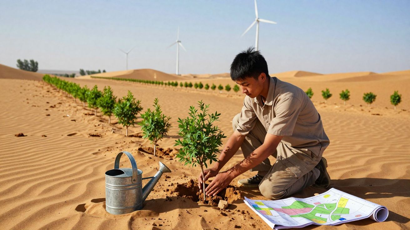 Homem planta jovem árvore no deserto com regador ao lado e turbinas eólicas ao fundo em dia ensolarado.