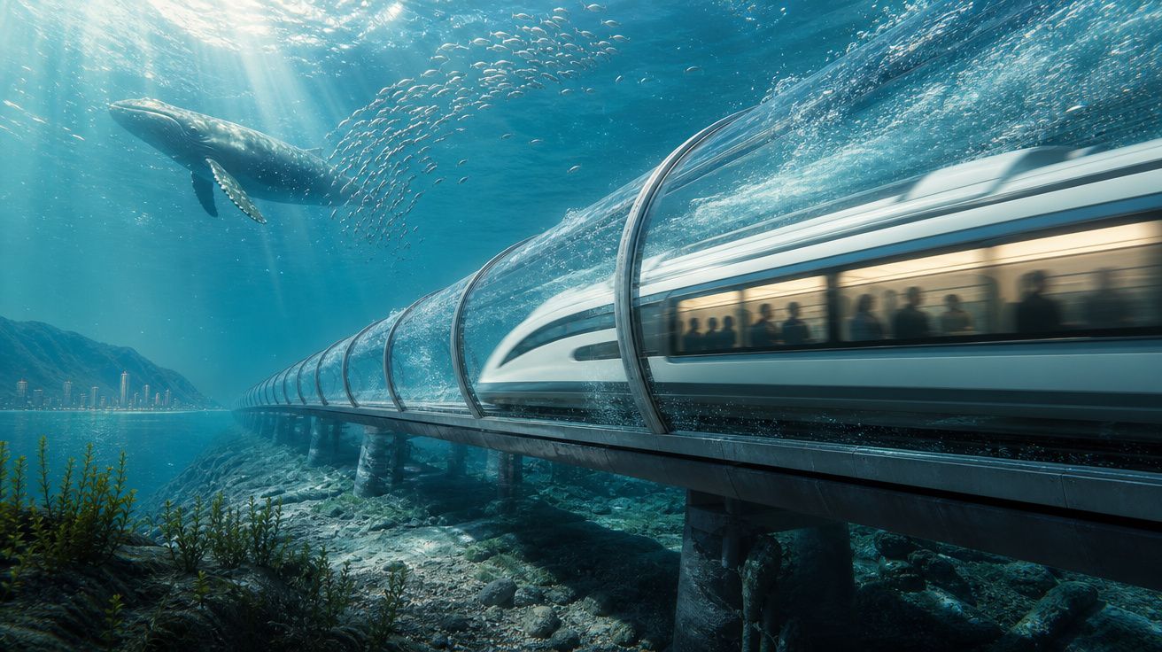 Trem de alta velocidade em túnel transparente submarino com baleia e cardume de peixes nadando ao redor.