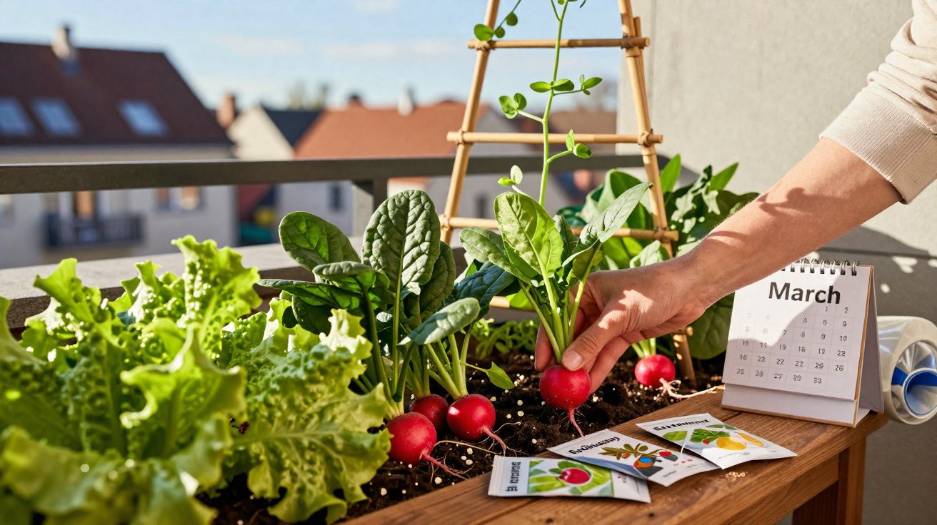 Pessoa colhendo rabanete em horta urbana na varanda com calendário aberto no mês de março.