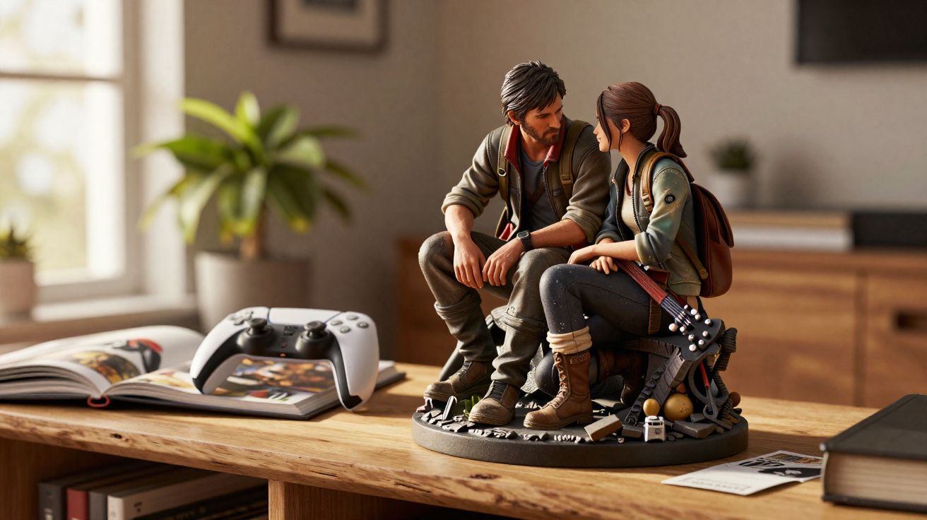 Estatuetas detalhadas de dois personagens sentados, com controle de videogame e livro ao lado sobre mesa de madeira.