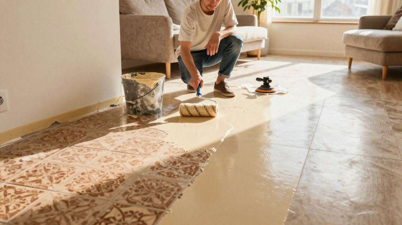Homem aplica resina transparente sobre piso de cerâmica em sala iluminada pelo sol.