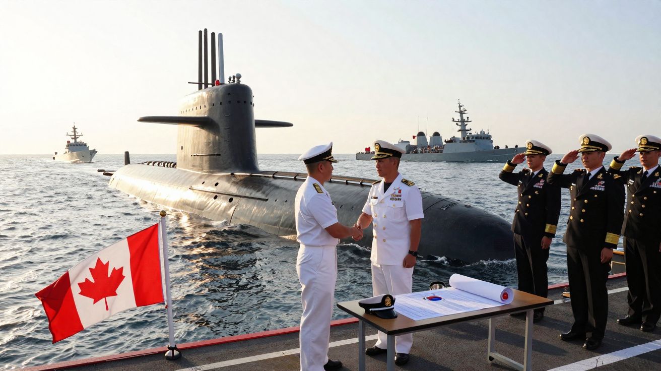 Dois oficiais da marinha cumprimentam-se diante de um submarino com bandeira do Canadá, enquanto outros oficiais saudam.