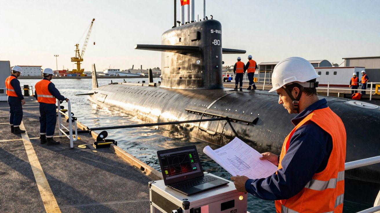Homem com capacete e colete laranja analisa plantas ao lado de submarino preto em doca com equipe ao redor.