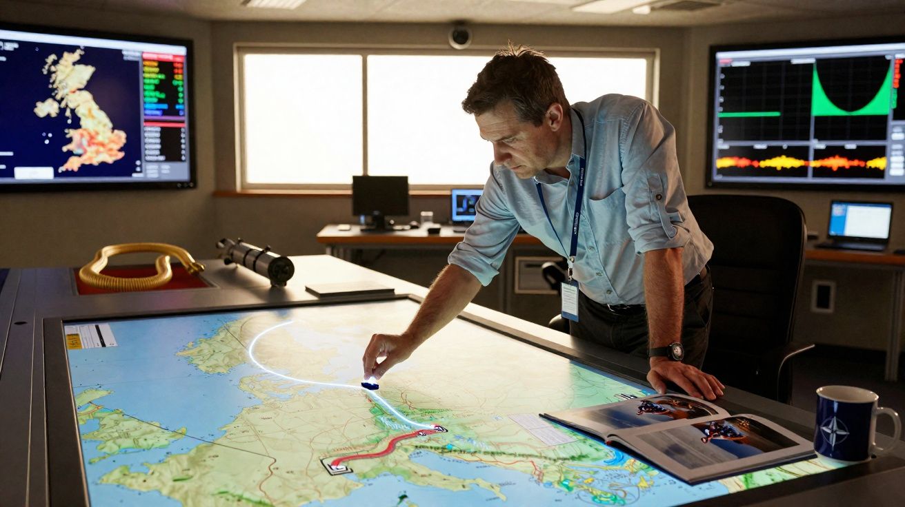 Homem em sala de operações analisa mapa digital com dados estratégicos e gráficos em monitores ao fundo.