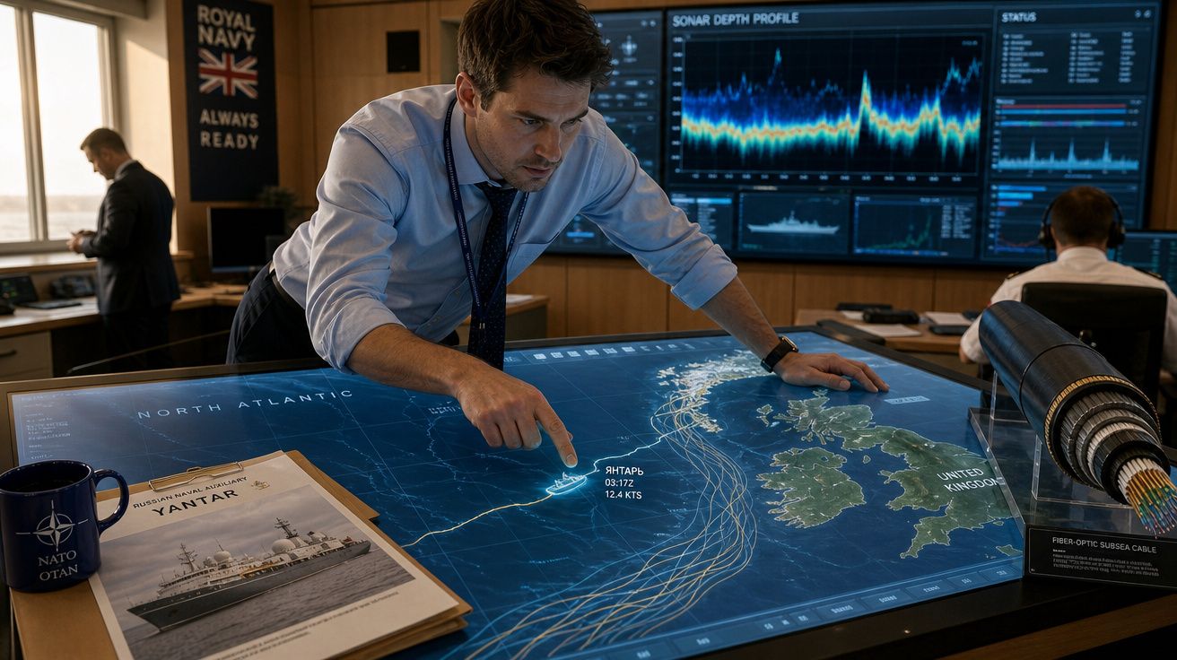 Homem analisando mapa digital do Atlântico Norte em mesa interativa com gráficos e documentos militares ao redor.