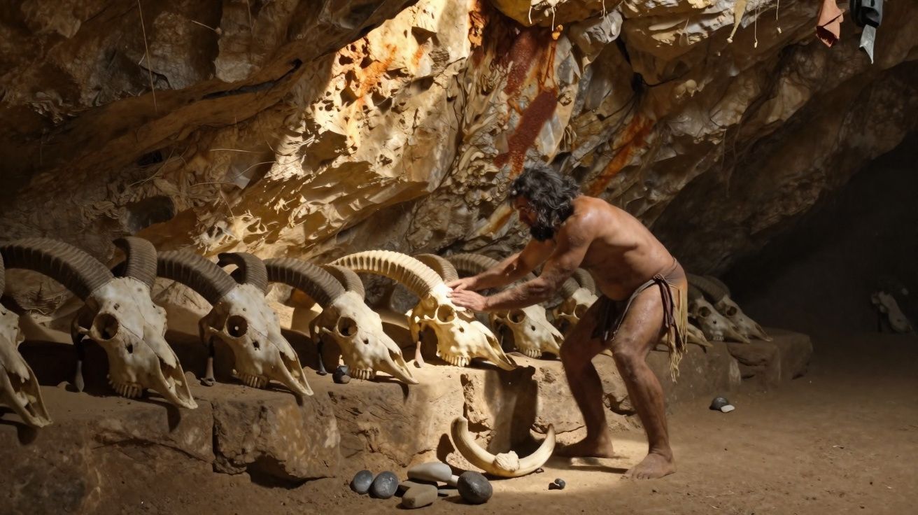 Homem pré-histórico em caverna organiza crânios de animais com chifres em pedra.