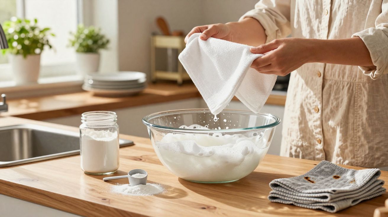 Pessoa espremendo pano sobre tigela com espuma em cozinha clara e organizada.