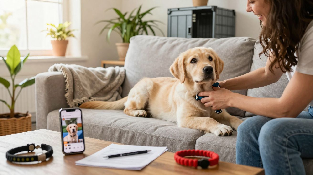 Mulher colocando coleira em cachorro dourado no sofá, com celular e anotações na mesa à frente.
