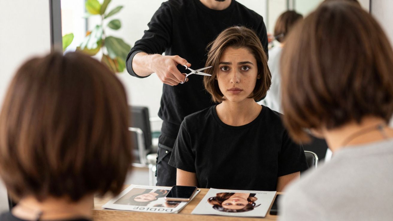 Mulher com expressão preocupada sentada em frente ao espelho, tendo o cabelo cortado por um cabeleireiro.