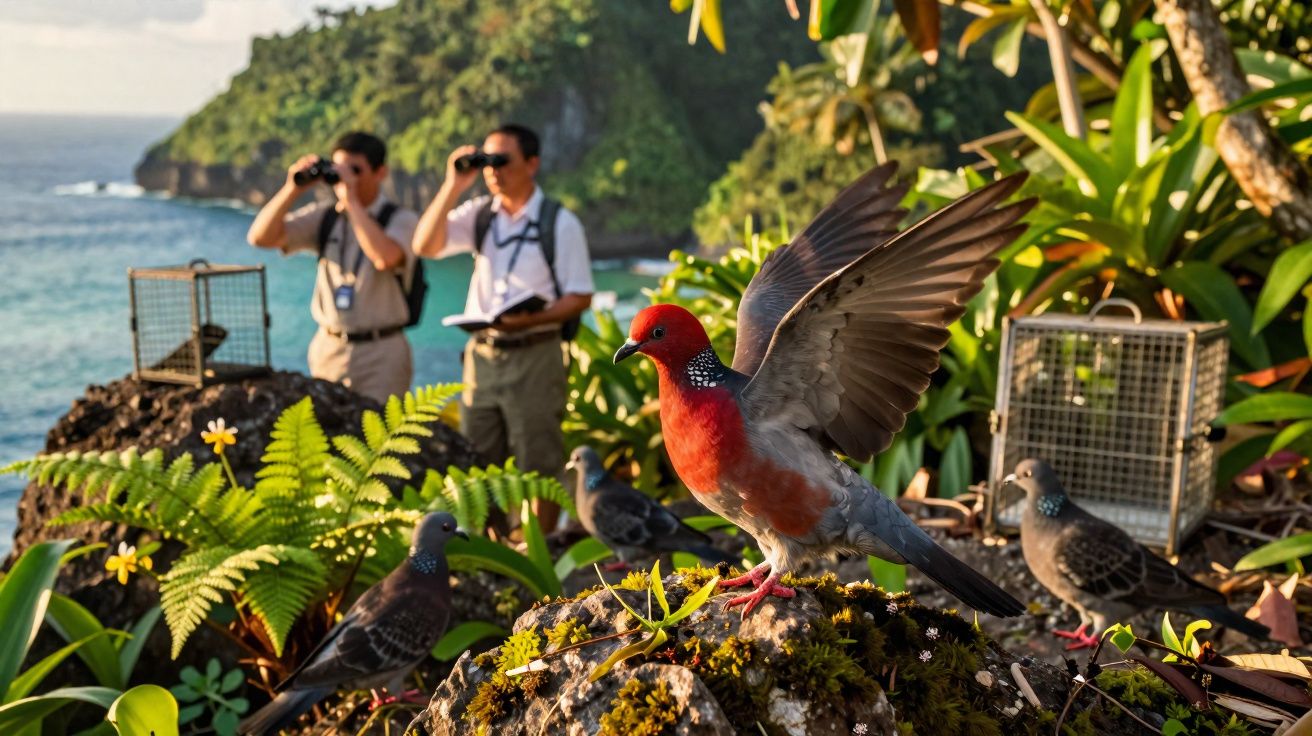 Pomba-de-nicobar com asas abertas em rocha, cercada por outras aves e dois observadores com binóculos à beira-mar.