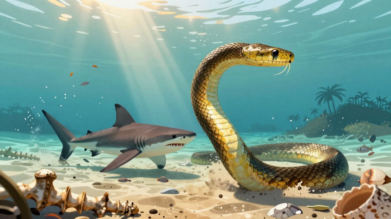 Serpente e tubarão nadando no fundo do mar com raios de sol iluminando a cena submarina.