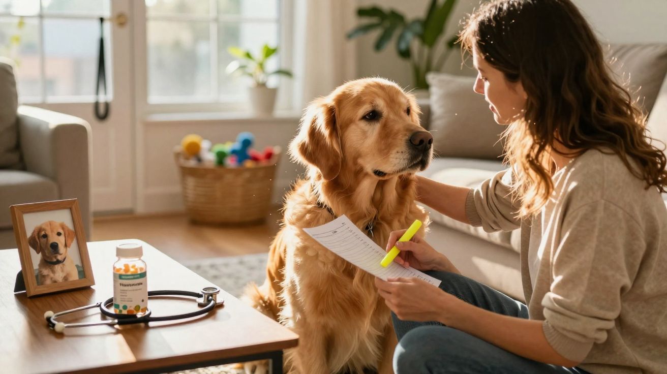Mulher destaca remédio para cachorro dourado ao lado de foto, medicamento e estetoscópio na mesa da sala.