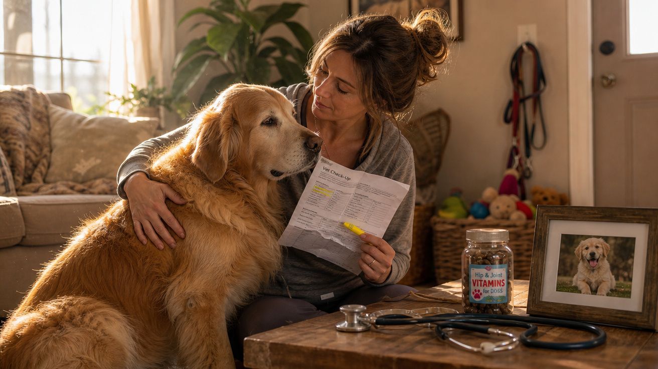 Mulher sentada abraçando um cachorro Golden Retriever enquanto vê exame veterinário em casa.
