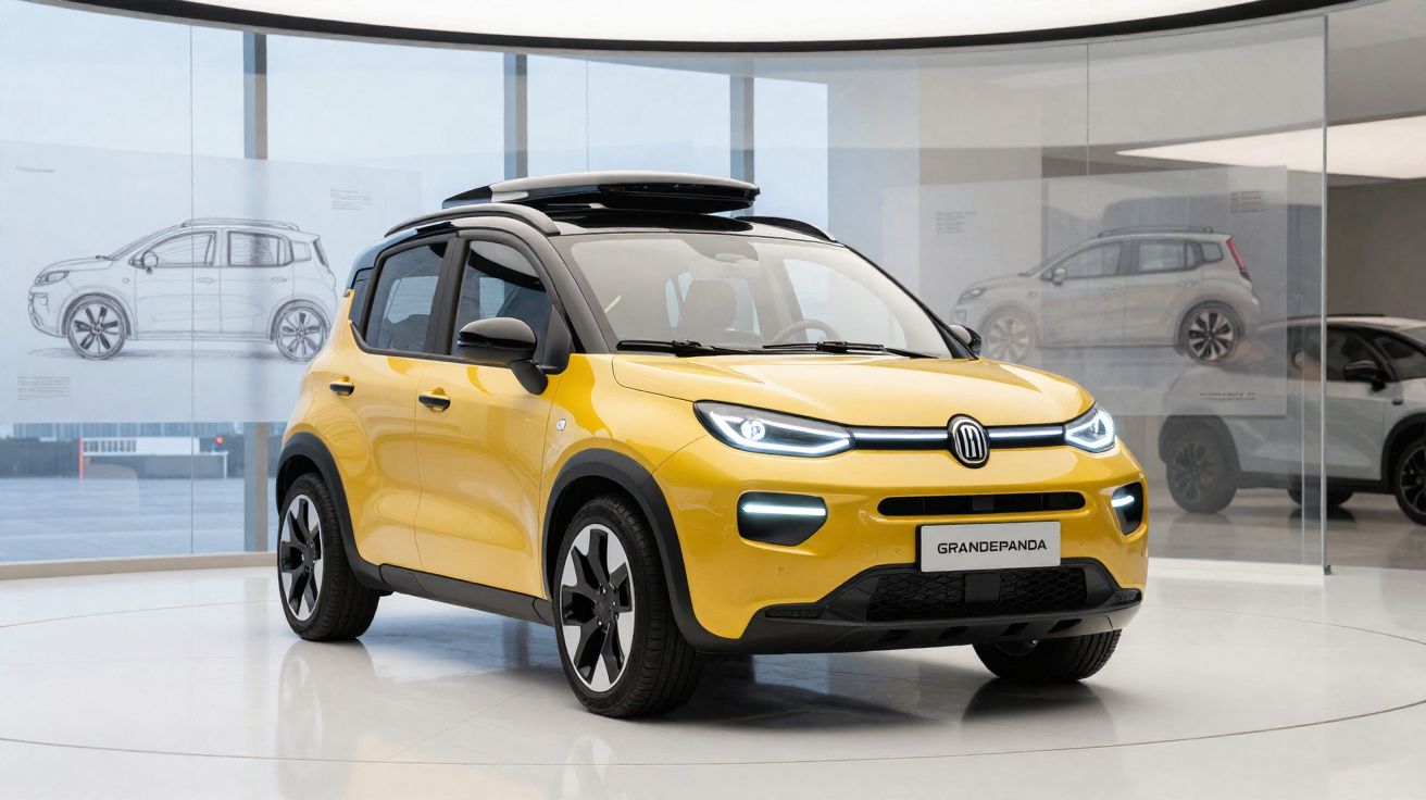 Carro compacto amarelo Fiat Grande Panda exposto em ambiente moderno com iluminação clara e paredes de vidro.