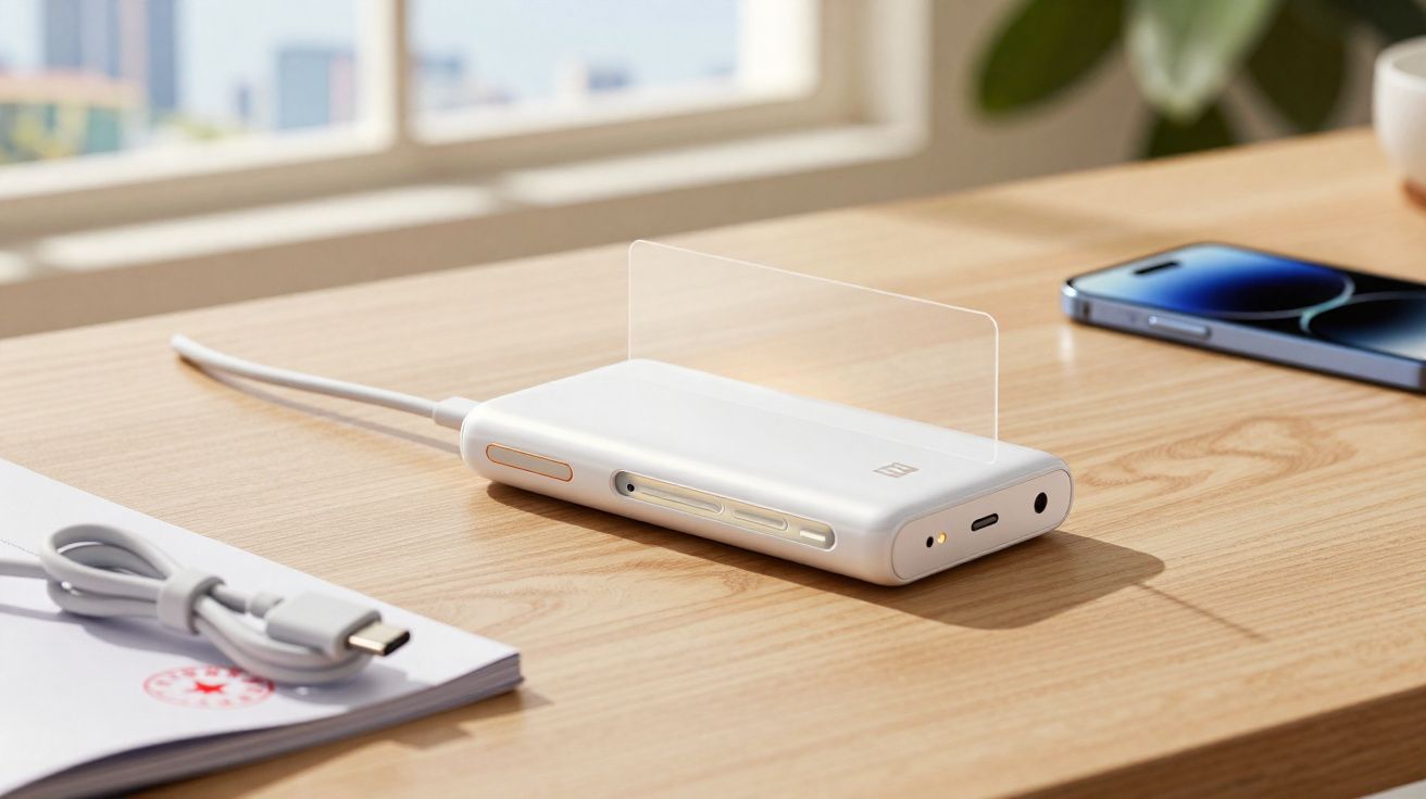 Carregador portátil branco conectado a cabo USB-C sobre mesa de madeira com celular ao fundo.
