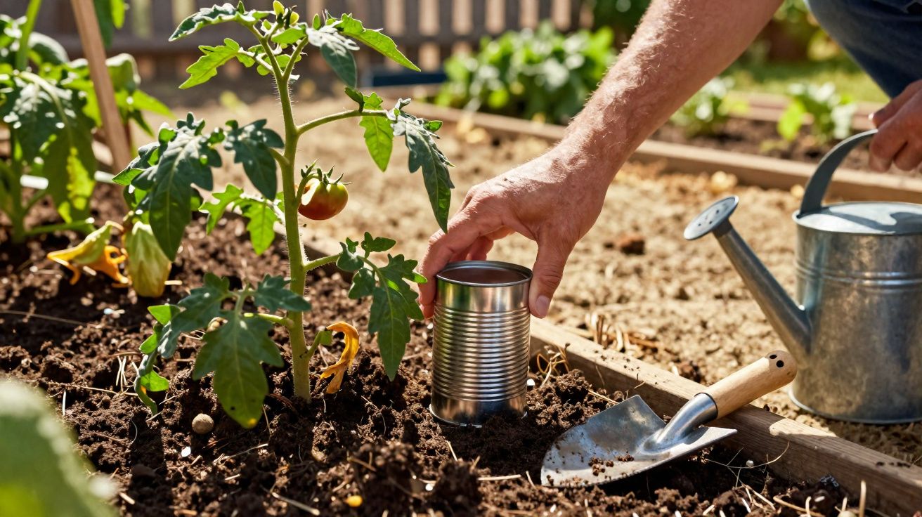 Pessoa plantando muda de tomate em canteiro de terra com regador e pá de jardinagem ao lado.