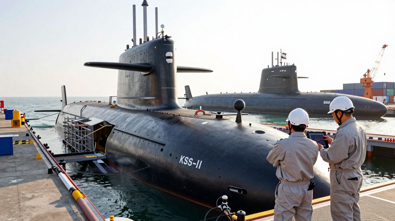 Dois submarinos navais pretos ancorados e dois homens com uniforme e capacete branco na doca.