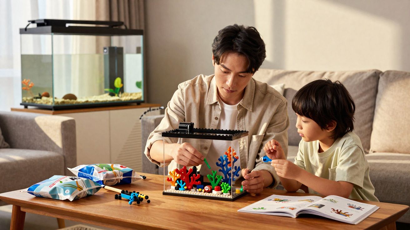 Homem e menino montam um aquário de brinquedo com peças de montar coloridas na sala de estar.