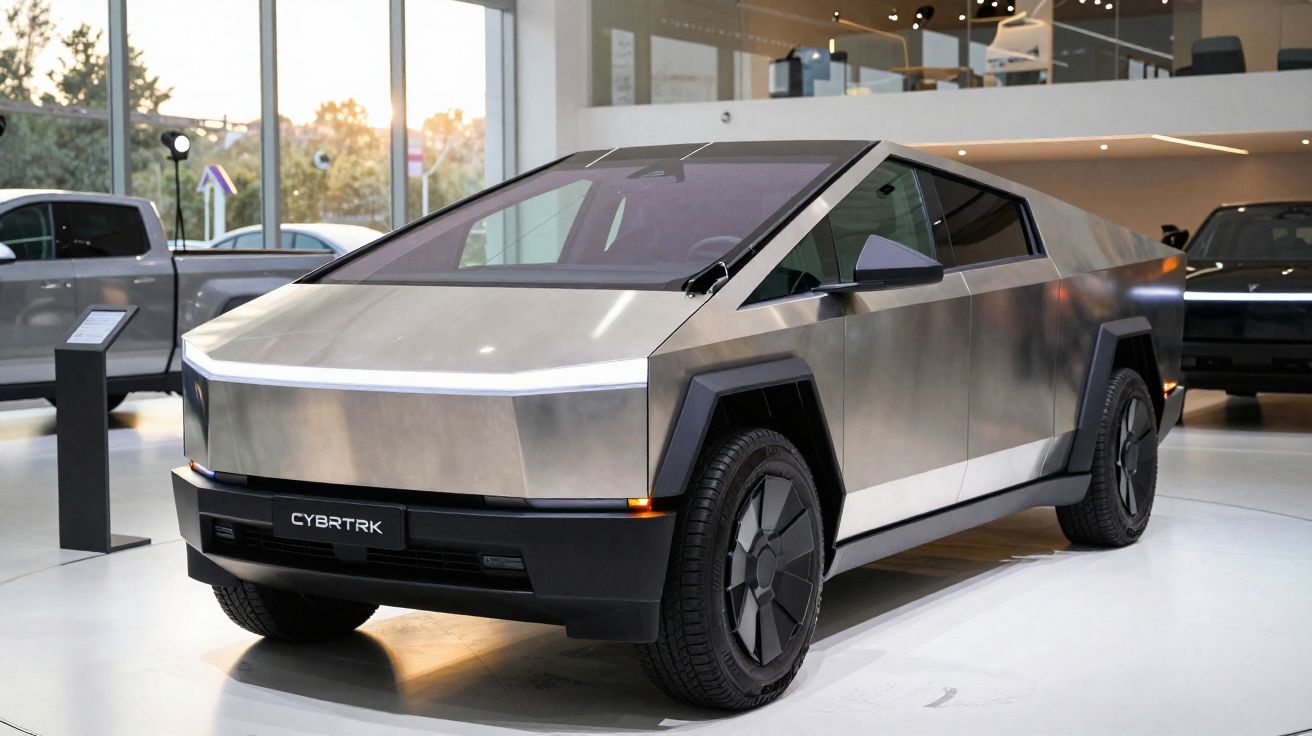 Caminhonete elétrica Tesla Cybertruck prateada exibida em ambiente interno com design futurista e linhas angulares.