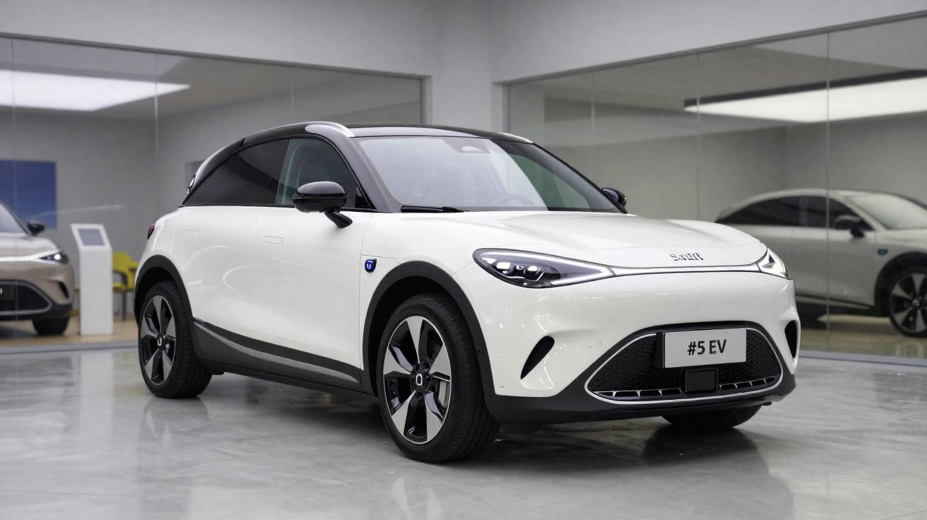 Carro elétrico branco modelo #5 EV estacionado em ambiente interno moderno com paredes de vidro.