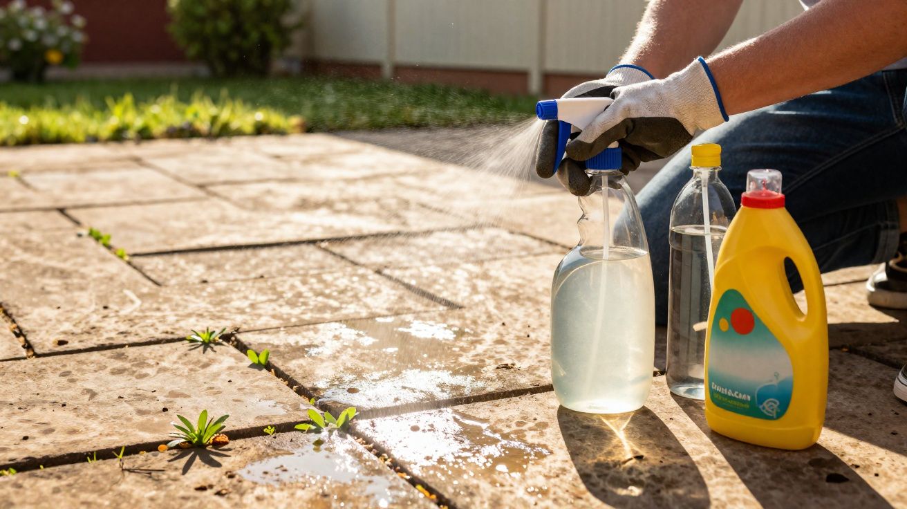 Pessoa borrifando produto caseiro para eliminar plantas daninhas entre pedras do chão externo.