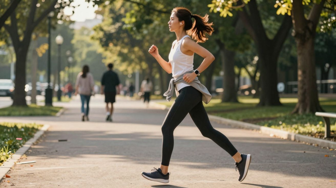 Mulher correndo em parque urbano com roupas esportivas ao amanhecer.