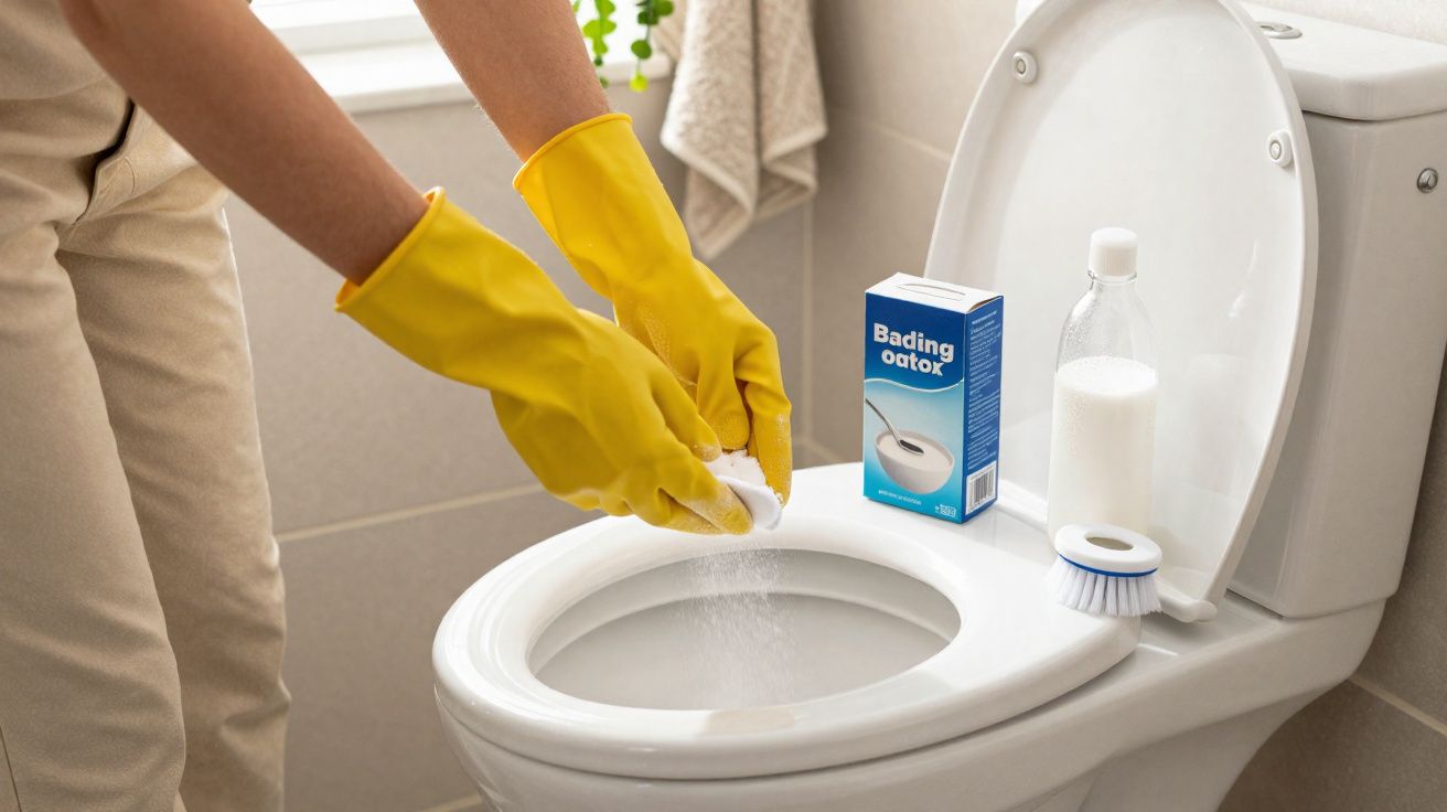 Pessoa usando luvas amarelas aplicando produto de limpeza em vaso sanitário branco, com escova ao lado.