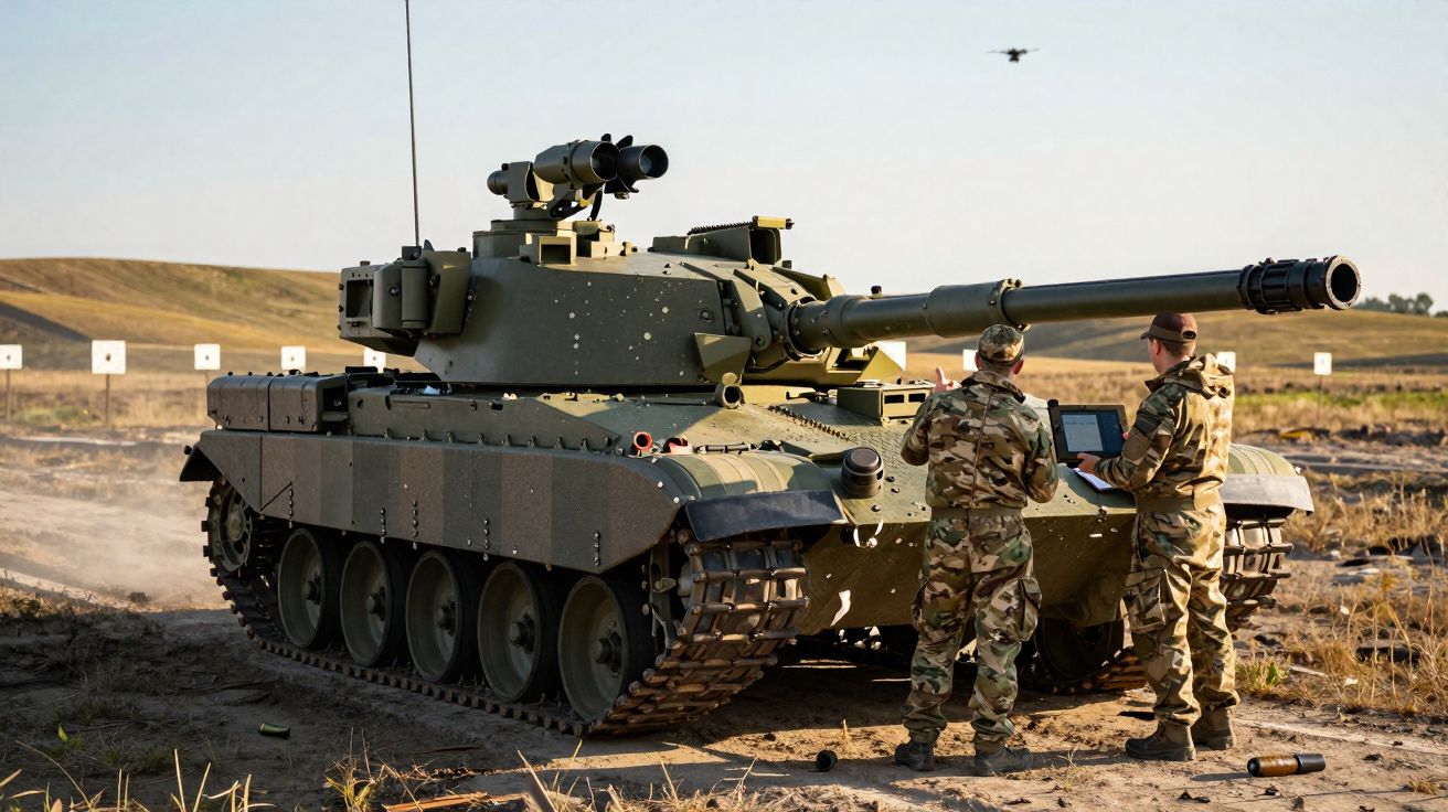 Tanque de guerra verde em área de treino com dois soldados em uniforme camuflado operando equipamento.