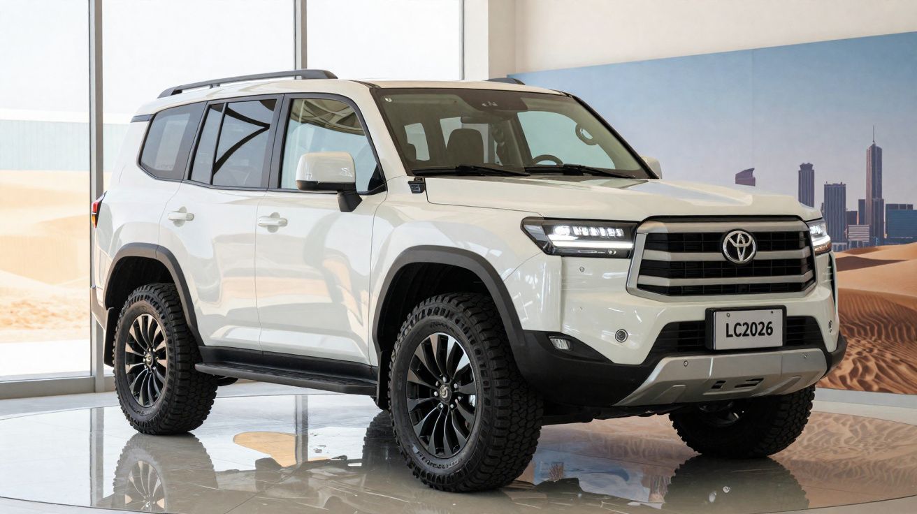 SUV branco Toyota Land Cruiser LC2026 exibido em ambiente interno moderno com painéis de vidro.