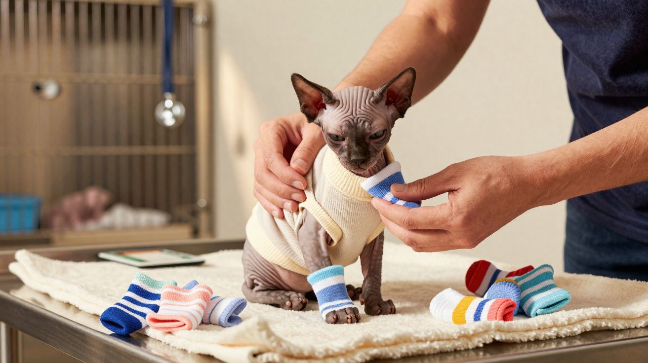 Gato Sphynx vestido com camiseta e meias coloridas sendo colocado por pessoa em superfície acolchoada.