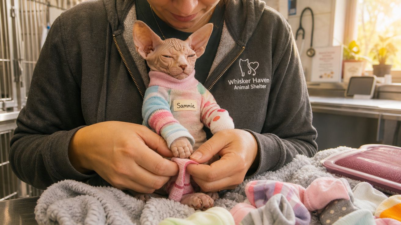 Pessoa vestindo casaco cinza coloca roupa colorida em gato Sphynx em abrigo de animais.