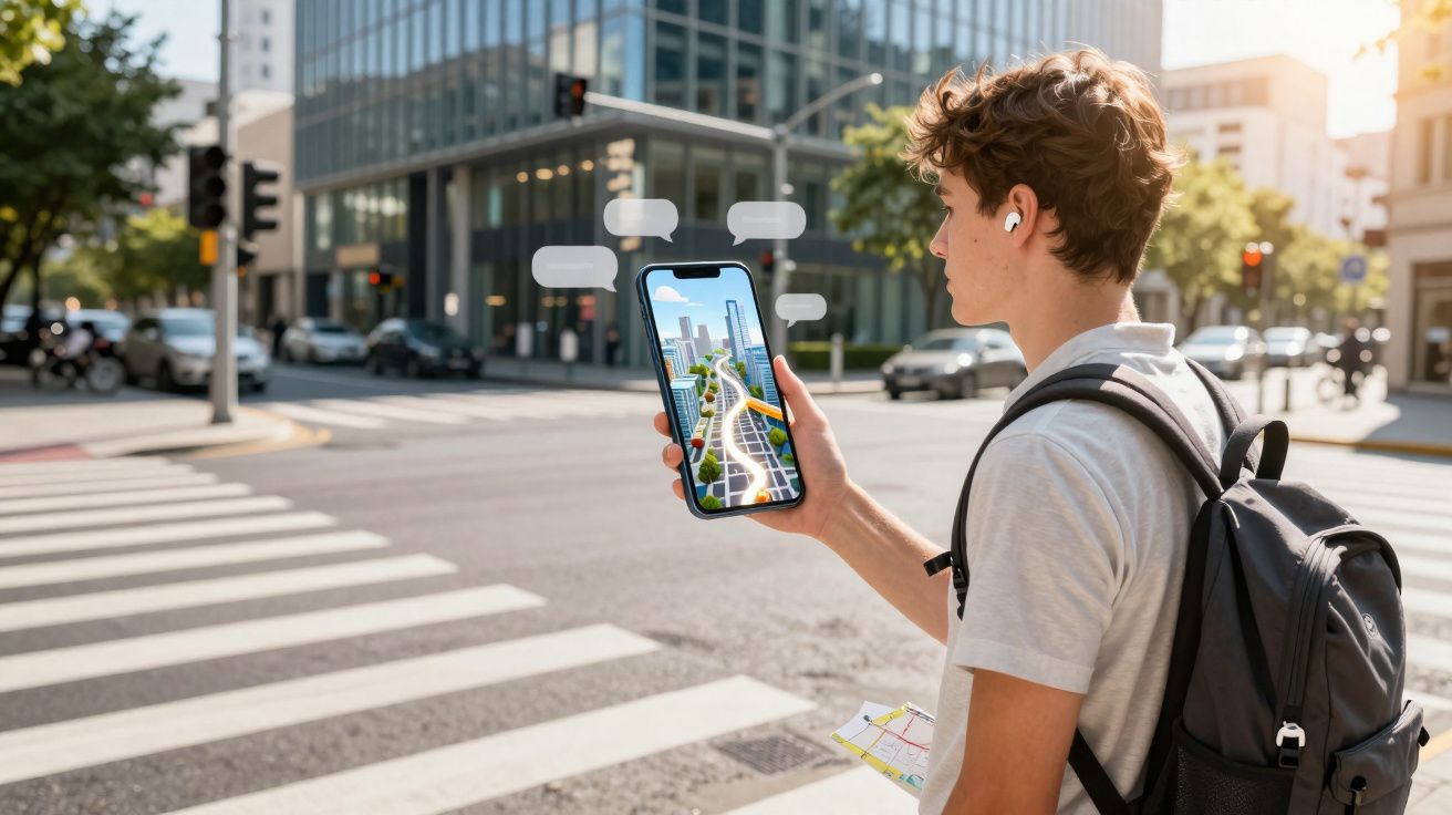 Jovem com mochila consulta mapa digital e orientações enquanto atravessa rua movimentada na cidade.