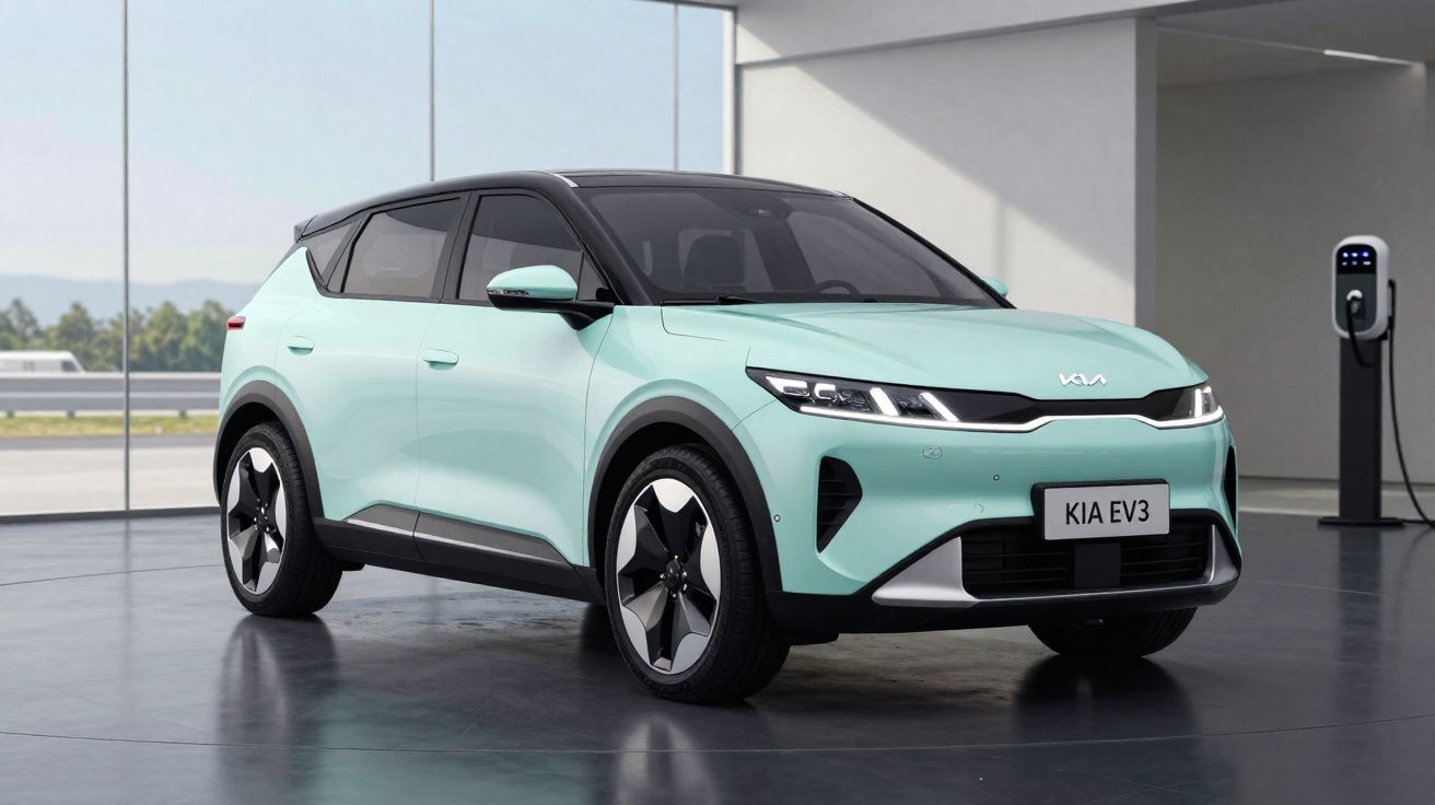 Carro elétrico Kia EV3 na cor verde claro estacionado em ambiente moderno com carregador elétrico ao fundo.