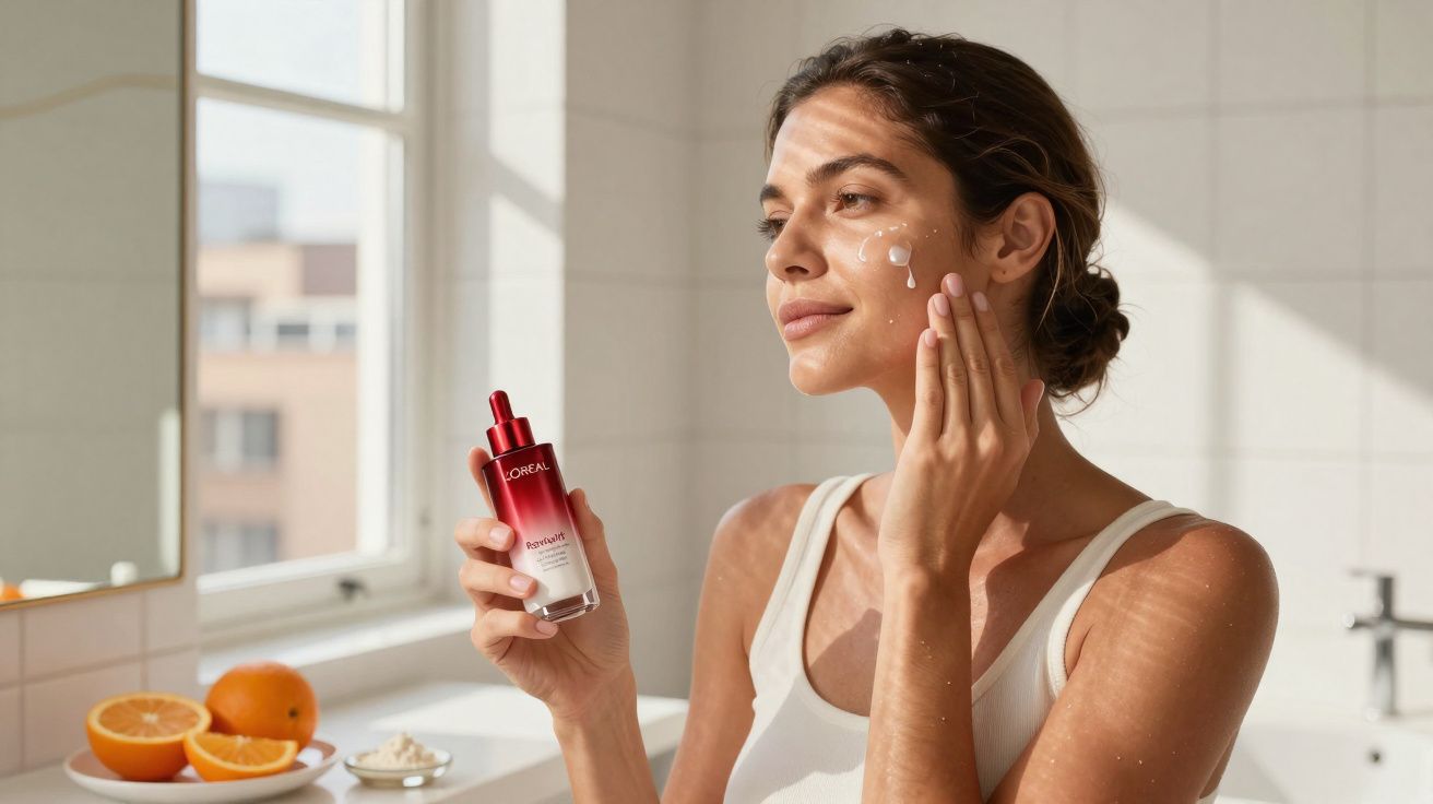 Mulher aplicando sérum facial L'Oréal em ambiente iluminado com frutas na bancada ao fundo.