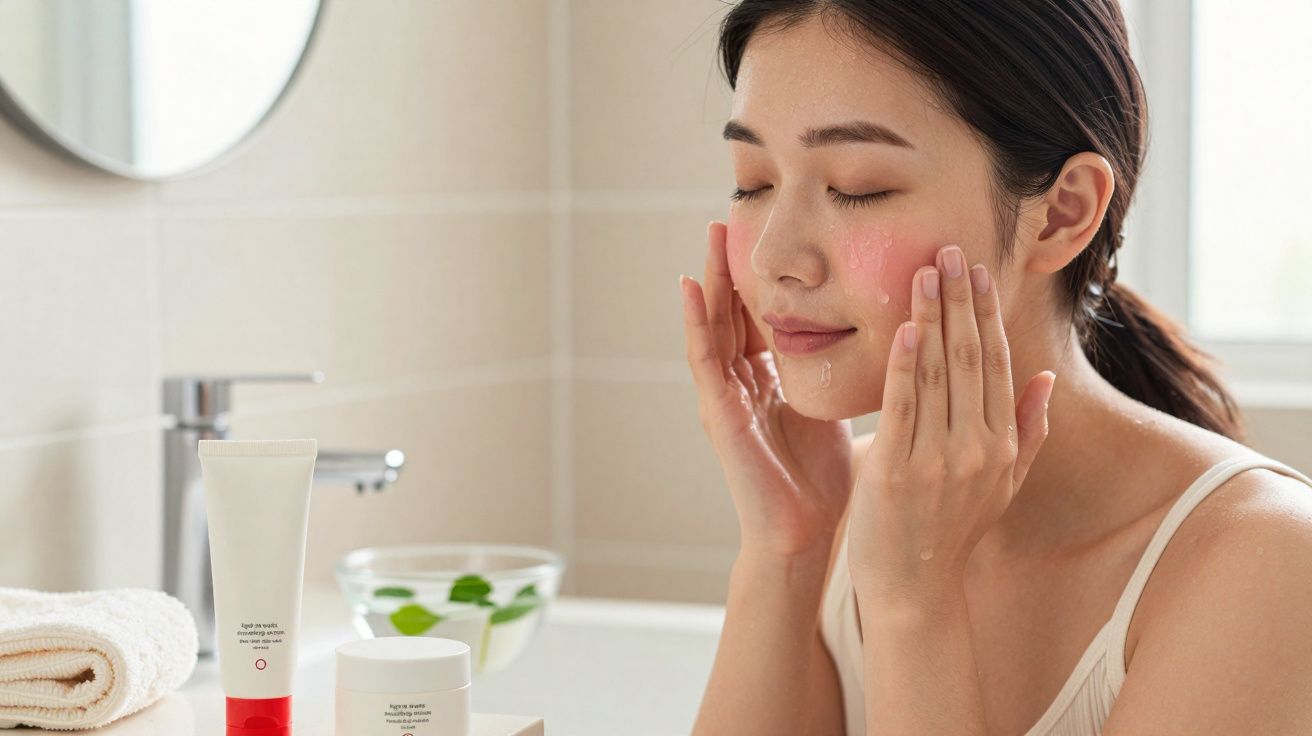 Mulher aplicando creme hidratante no rosto em banheiro com produtos de cuidados faciais.