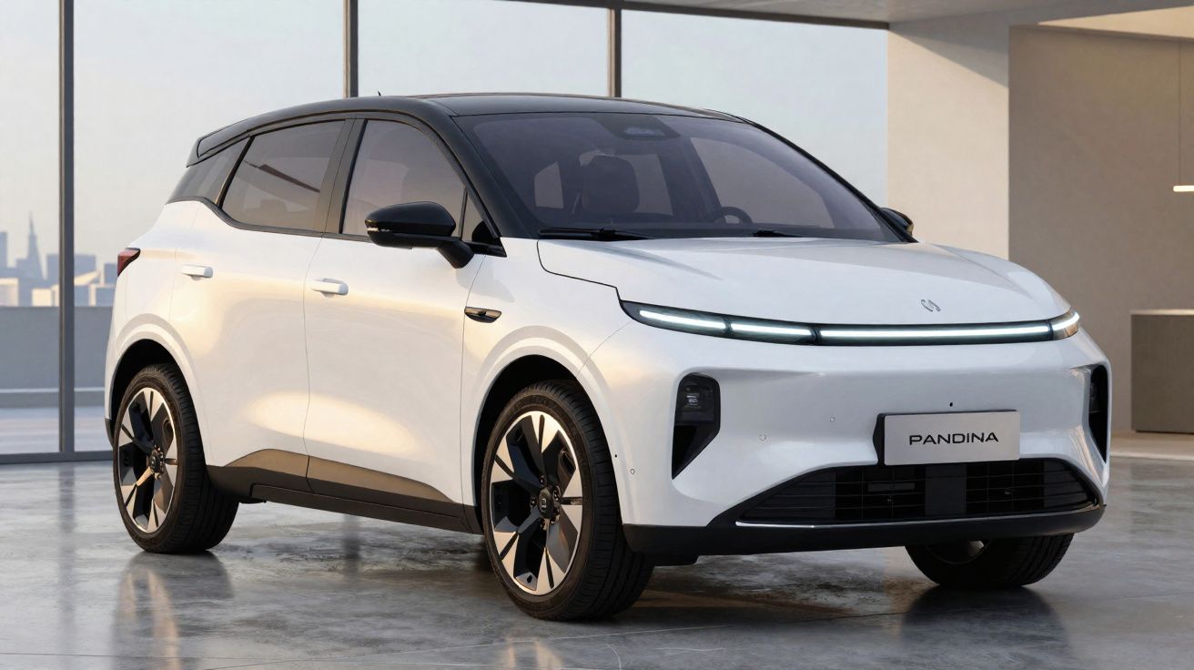 Carro elétrico branco com teto preto, luzes finas e design moderno em ambiente interno iluminado.