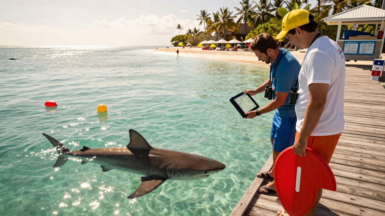 Dois homens observam um tubarão nadando próximo a um cais em água clara de praia tropical.