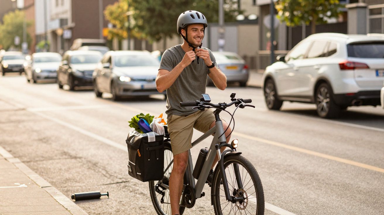 Homem sorridente com capacete ajustando a bicicleta eletrônica carregada com compras na rua movimentada.