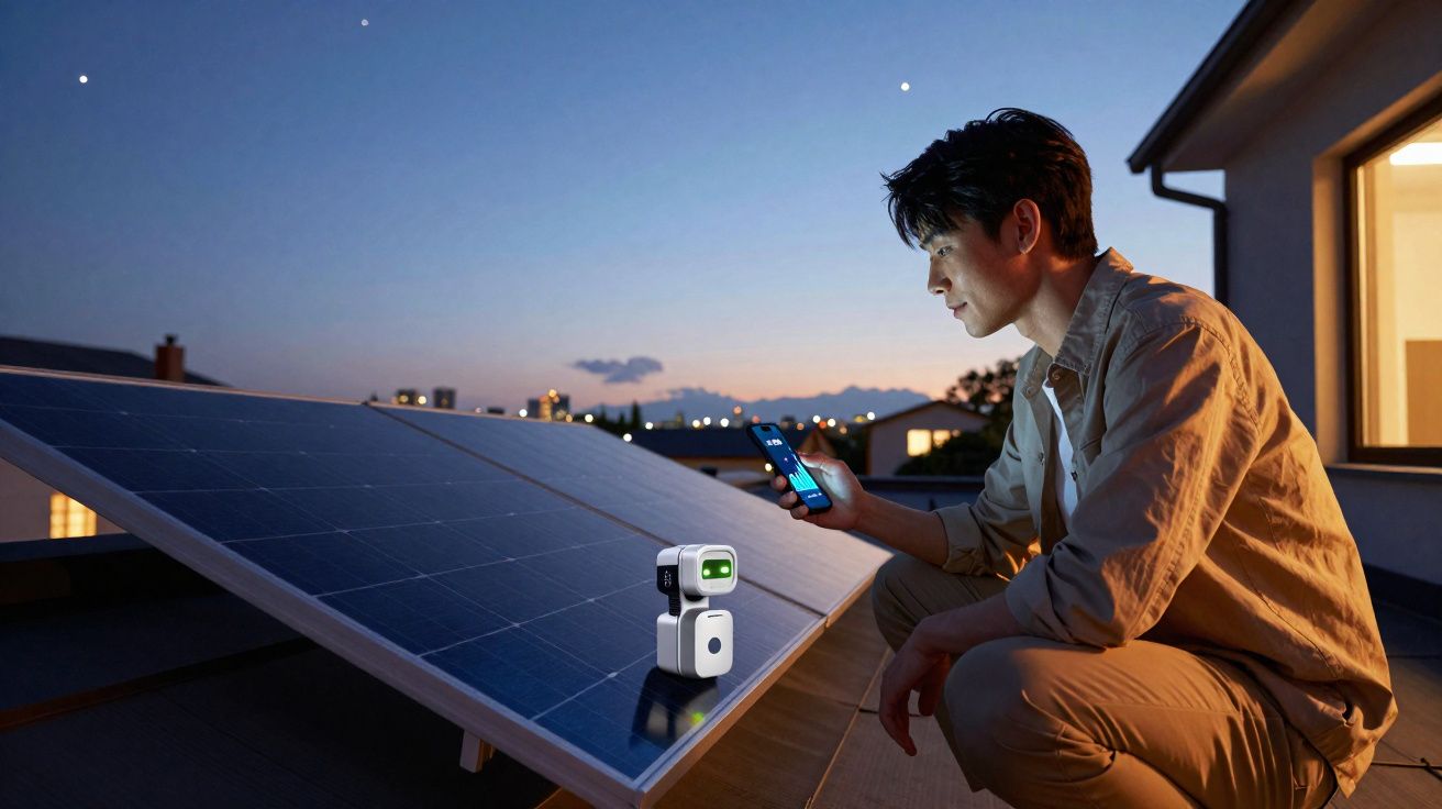 Homem usando celular para monitorar painel solar com dispositivo eletrônico ao anoitecer.