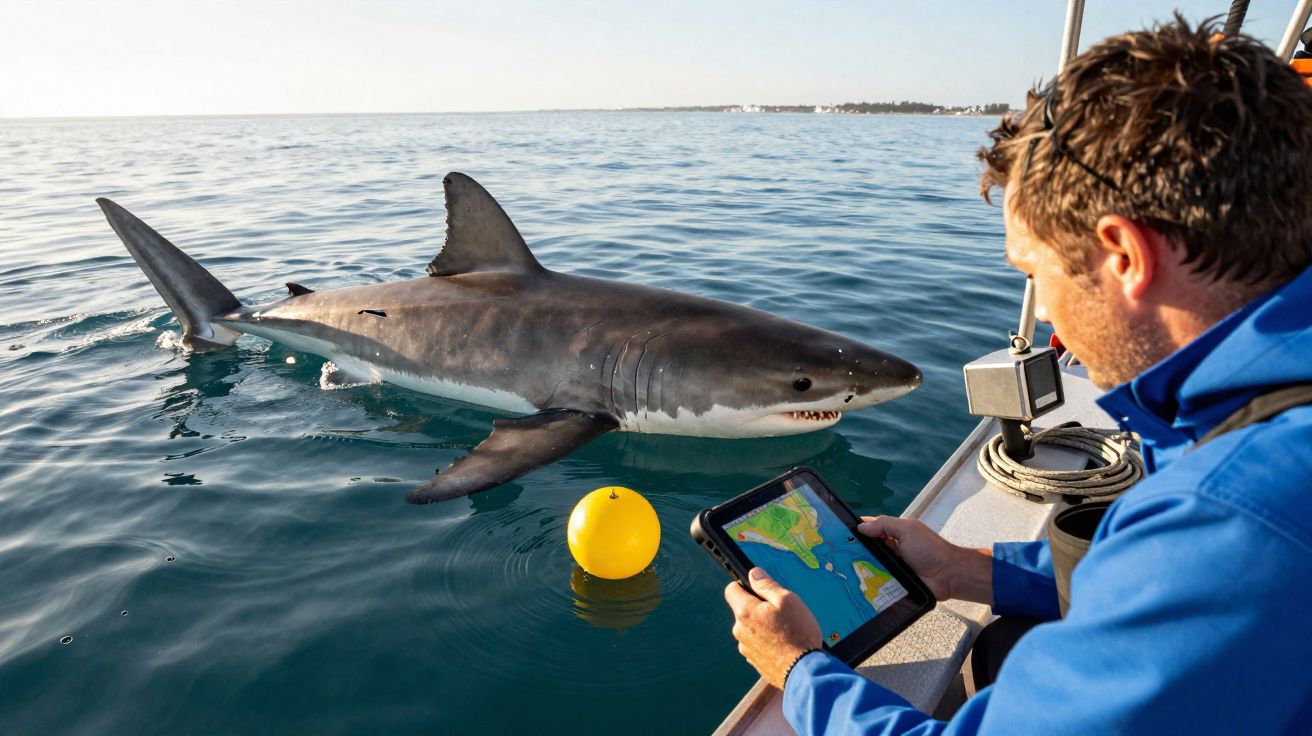 Homem em barco monitora tubarão branco próximo à superfície do mar usando tablet e bóia amarela flutuante.