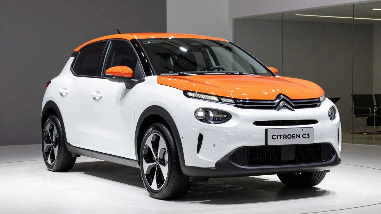 Carro Citroën C3 branco com detalhes laranja em exposição em ambiente interno moderno.